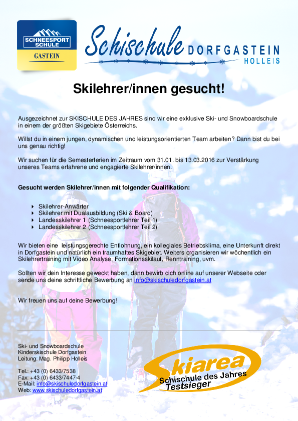 Abbild der Stellenausschreibung Skischule Dorfgastein mit Jobanforderungen und anderen Informationen